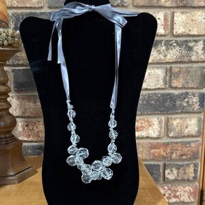 Clear Faceted Beaded Necklace with Grey Silver Tie Bow closure